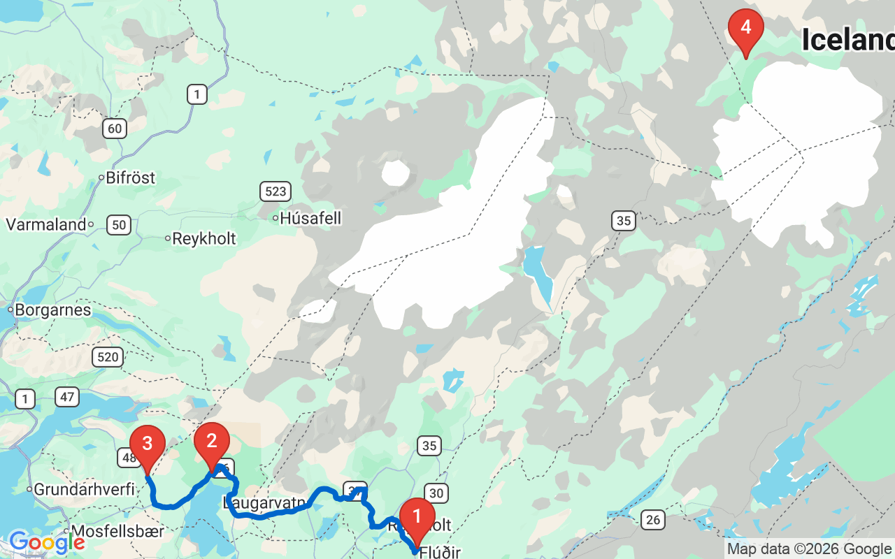 Driving map — Day 2 — Thingvellir, Þórufoss & Bouncy World