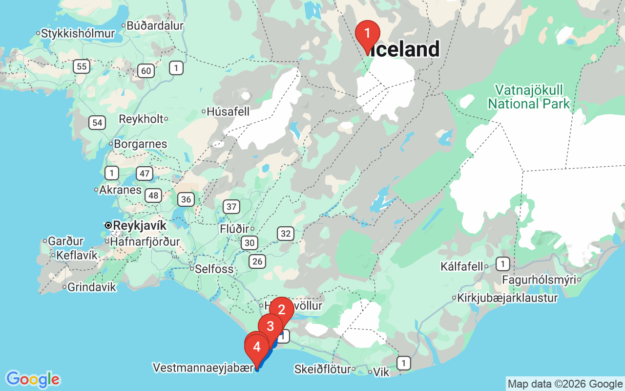 Driving map — Days 3 & 4 — Seljalandsfoss & the Westman Islands