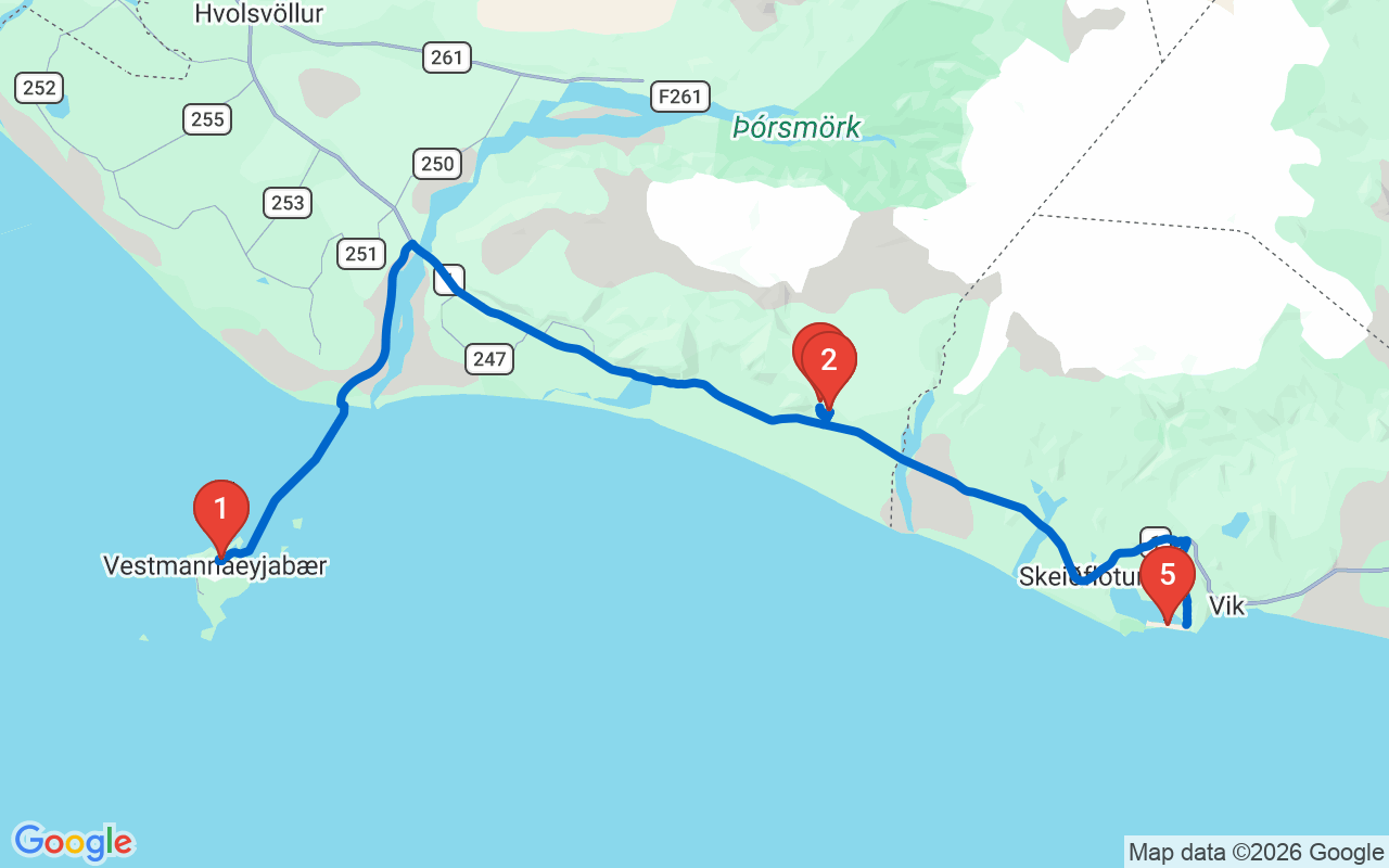 Driving map — Day 5 — Skógar, Skógafoss & the Black Sand Beach