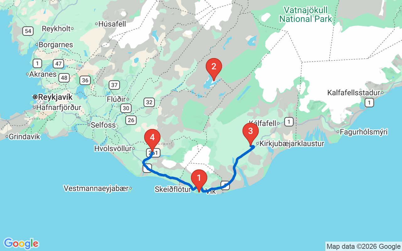 Driving map — Day 6 — Glacier, Canyon & Gluggafoss